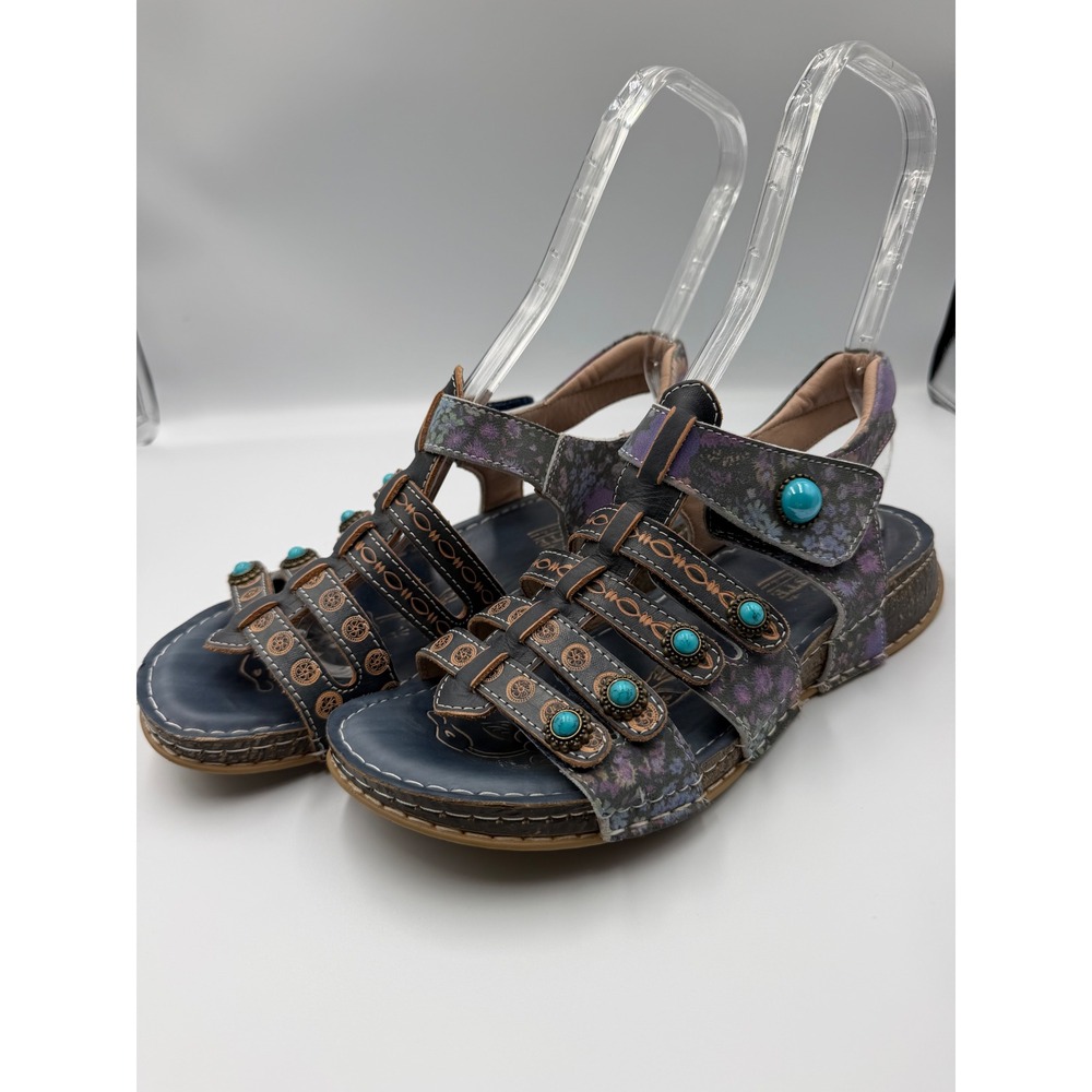 Spring Step L Artiste Navy Floral Leather Gladiator Sandals Turquoise Accents 40